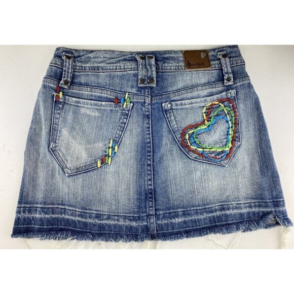 Soundgirl‎ Mini Skirt Hearts Red Blue Yellow Green Distressed Frayed Hem  Size 1 - Picture 3 of 4
